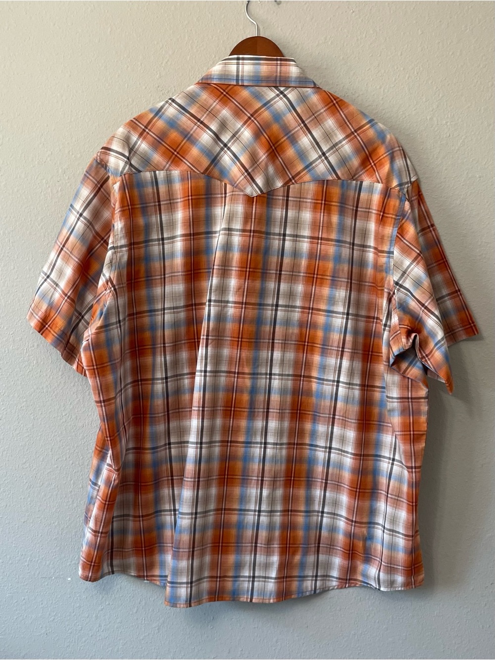 Wrangler Western Plaid Pearl Snap Short Sleeve Shirt Orange Blue Men’s 2XL - Picture 3 of 5